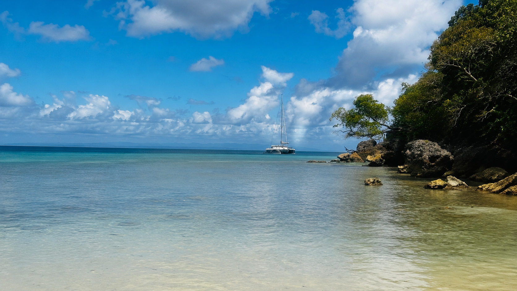 Catamaran privé au mouillage devant une plage des Caraïbes
